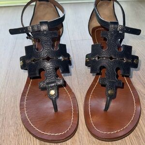 Tory Burch Black and Tan Leather Sandals